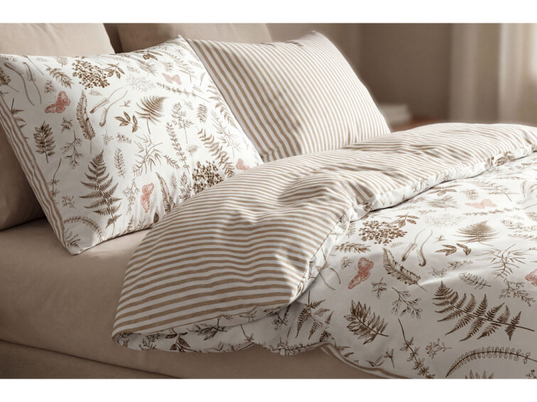 Bavlněné povlečení V kapradinách s pruhem - bílohnědá