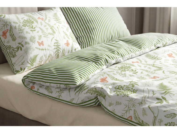Bavlněné povlečení V kapradinách s pruhem - bílozelená