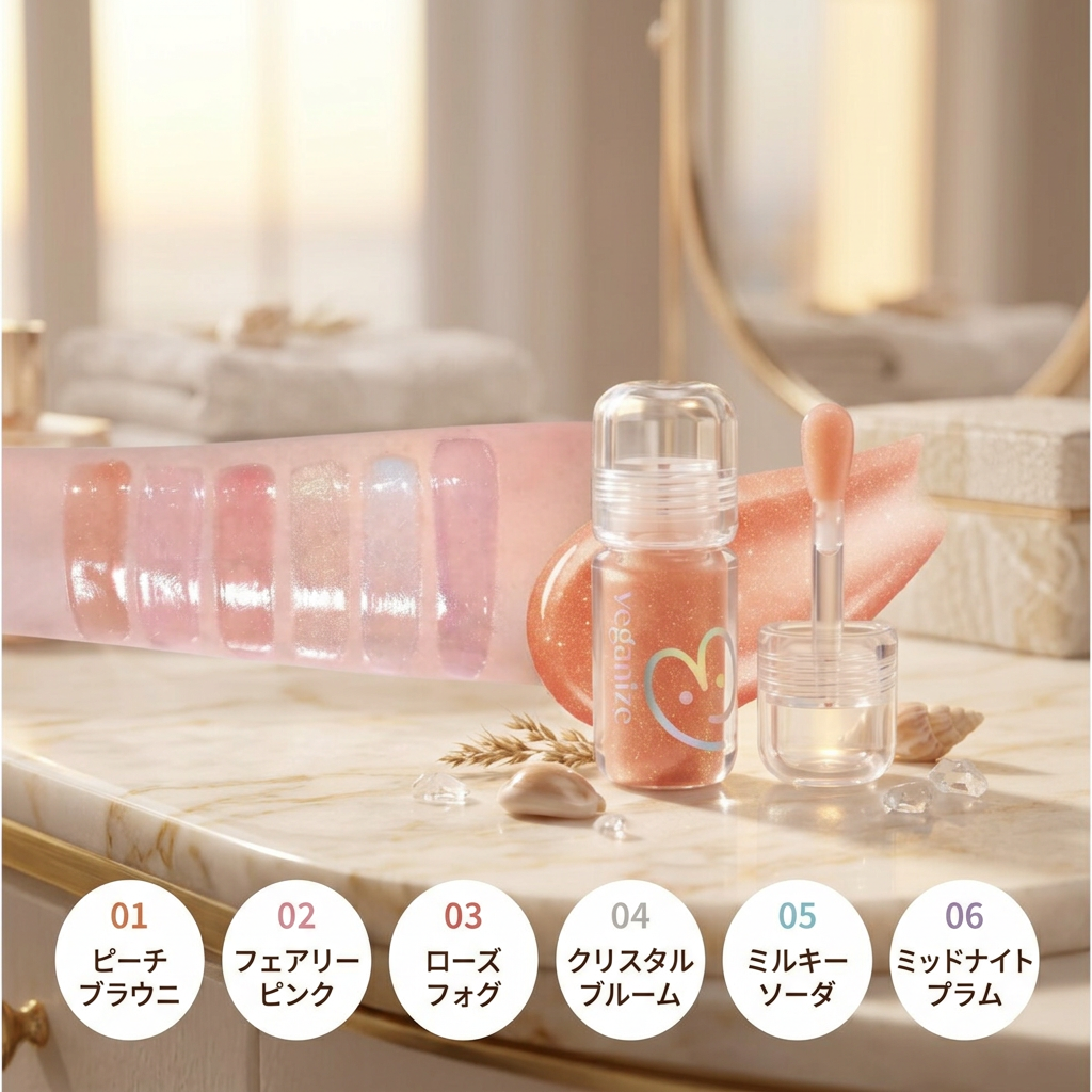 VEGANIZE - 4D Jewelshine Lip Oil Pearl Gloss 01 Peach Brownie - Třpytivý olej na rty s perleťovým leskem - 4 g