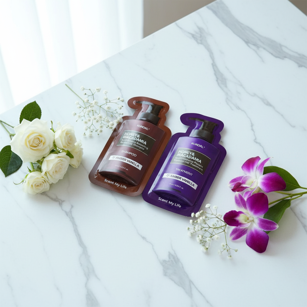 VZOREK - KUNDAL - Hydro-intenzivní proteinová kůra na vlasy a Přírodní šampon na suché a poškozené vlasy s vůní AMBER VANILLA - 10 ml