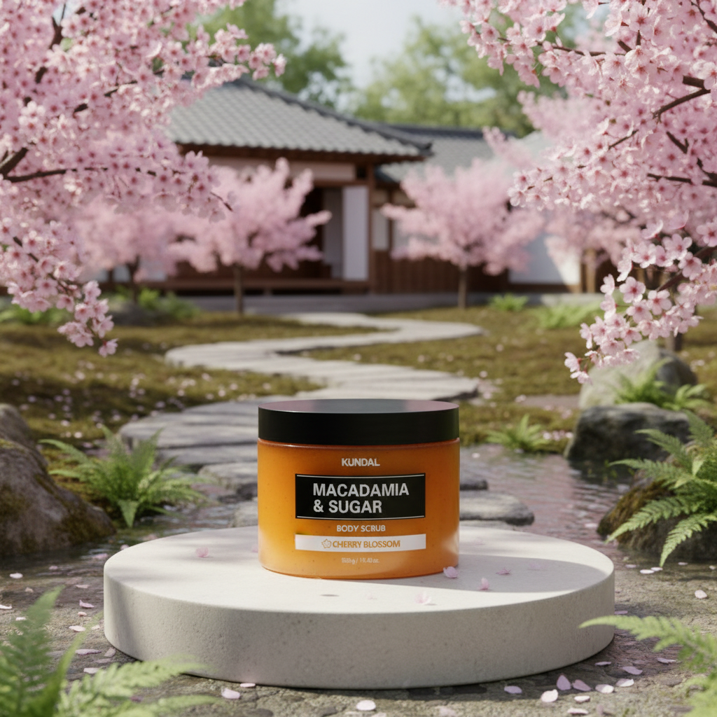 Kundal Macadamia&Sugar Body Scrub - Přírodní tělový peeling s vůní CHERRY BLOSSOM - 550 g