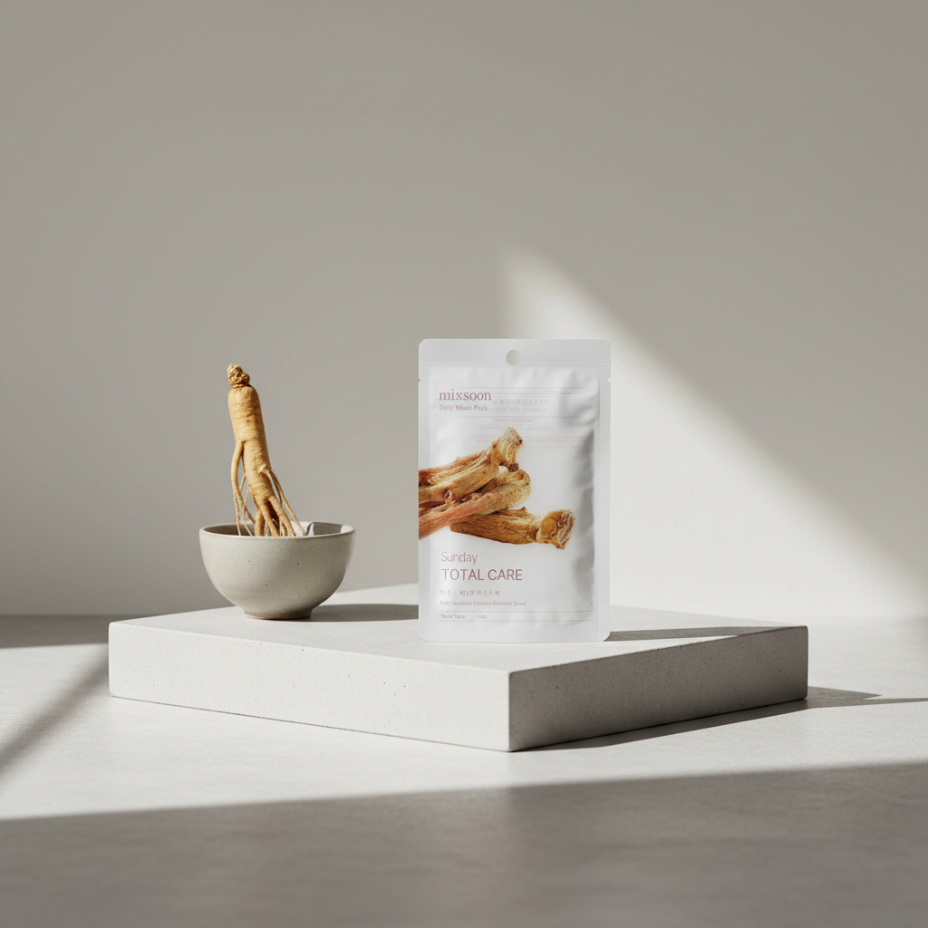 MIXSOON - Daily Mask Pack Sunday Total Care - Plátýnková maska s ženšenem a ektoinem pro obnovu a omlazení pleti - 20 ml