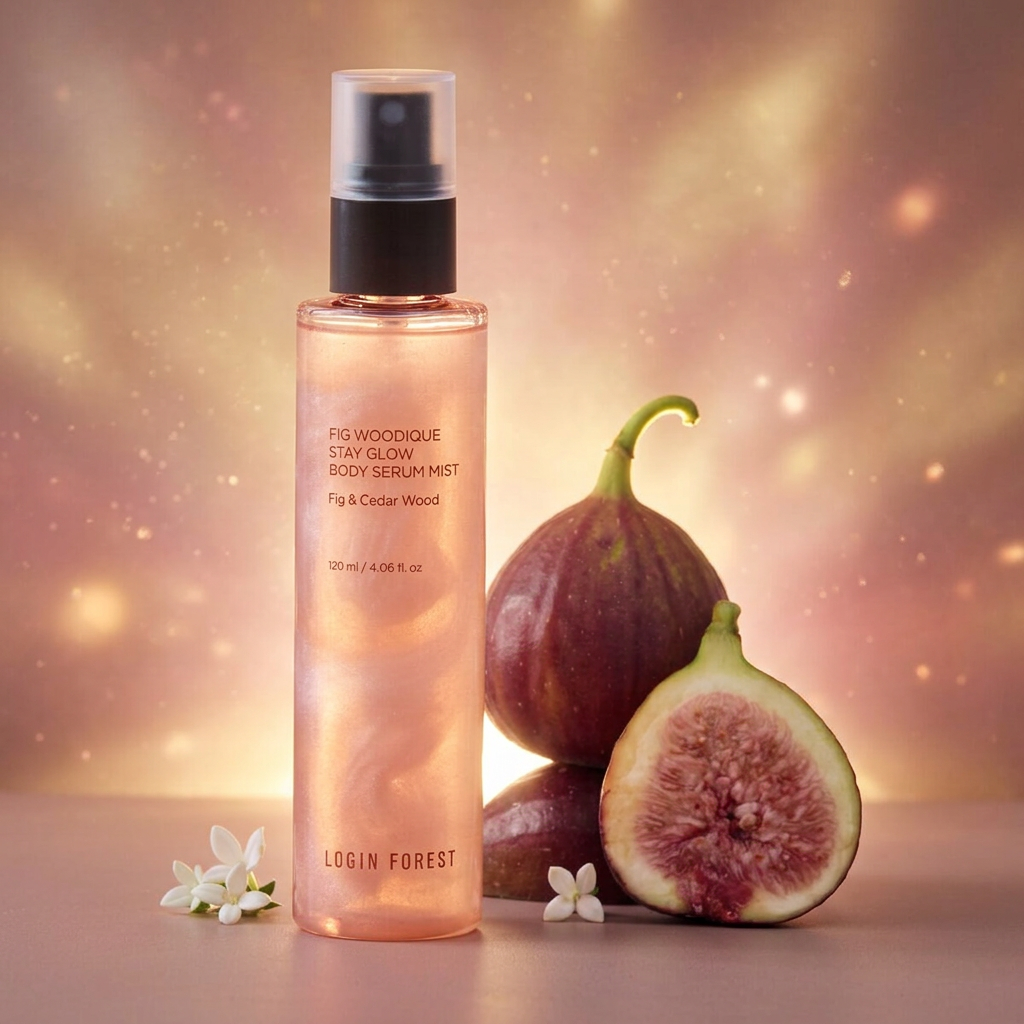 LOGIN FOREST - Fig Woodique Stay Glow Body Serum Mist - Rozjasňující tělové sérum v mlze s vůní fíkového dřeva - 120 ml