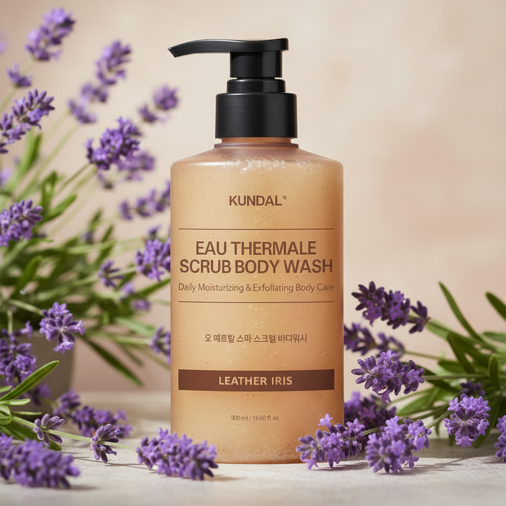 Kundal Eau Thermale Scrub Body Wash - Exfoliační sprchový gel LEATHER IRIS - 500 ml