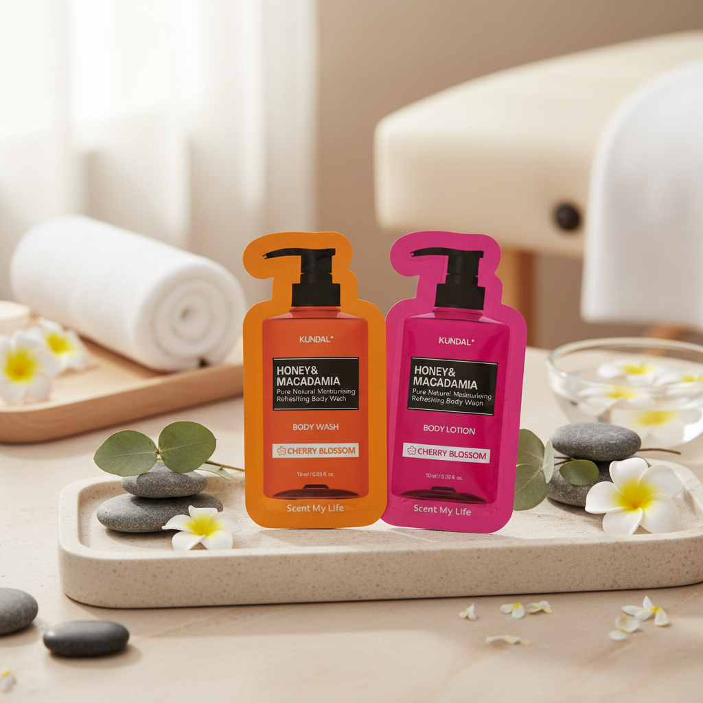 VZOREK - KUNDAL - Jemný sprchový gel s medem a Vyživující, hydratační tělové mléko s medem s vůní CHERRY BLOSSOM - 10 ml