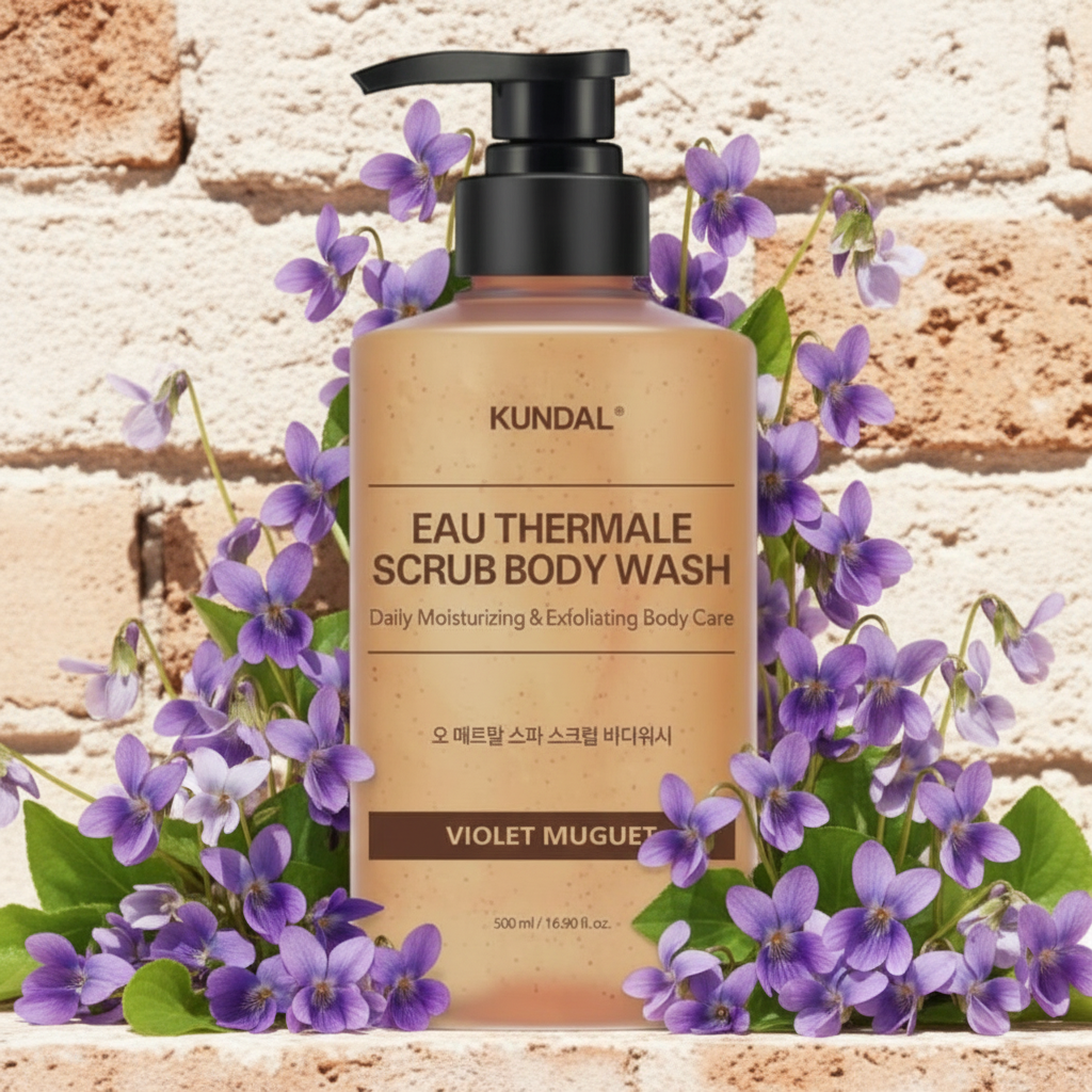 Kundal Eau Thermale Scrub Body Wash - Exfoliační sprchový gel VIOLET MUGUET - 500 ml