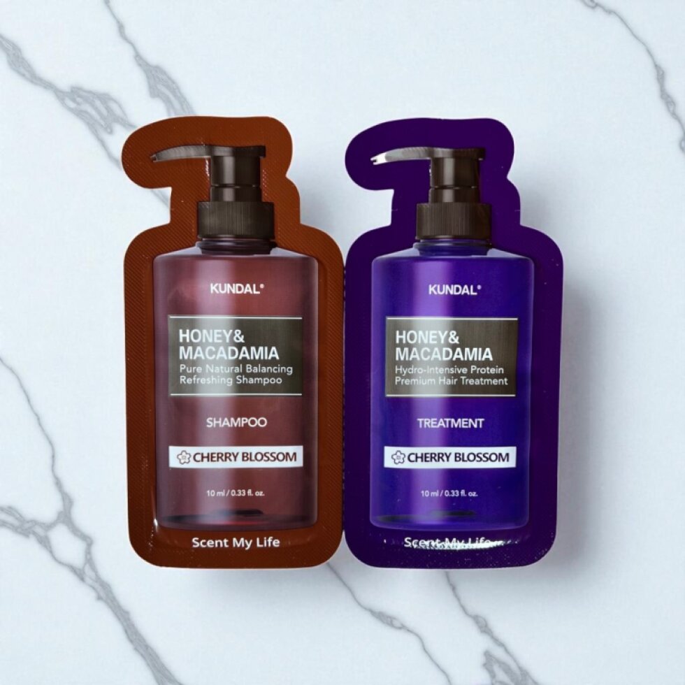 VZOREK - KUNDAL - Hydro-intenzivní proteinová kůra na vlasy a Kundal Honey&Macadamia Shampoo - Přírodní šampon na suché a poškozené vlasy s vůní CHERRY BLOSSOM - 10 ml