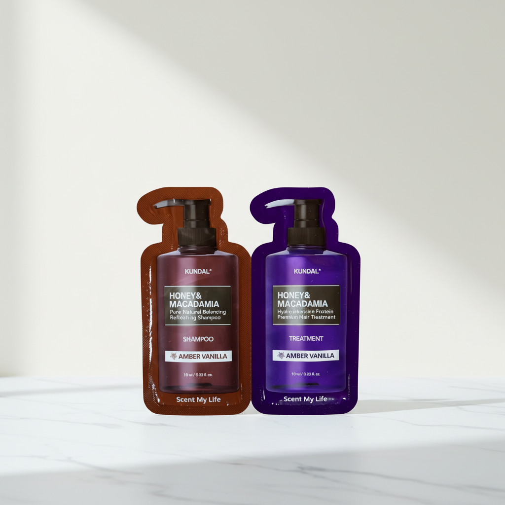 VZOREK - KUNDAL - Hydro-intenzivní proteinová kůra na vlasy a Přírodní šampon na suché a poškozené vlasy s vůní AMBER VANILLA - 10 ml