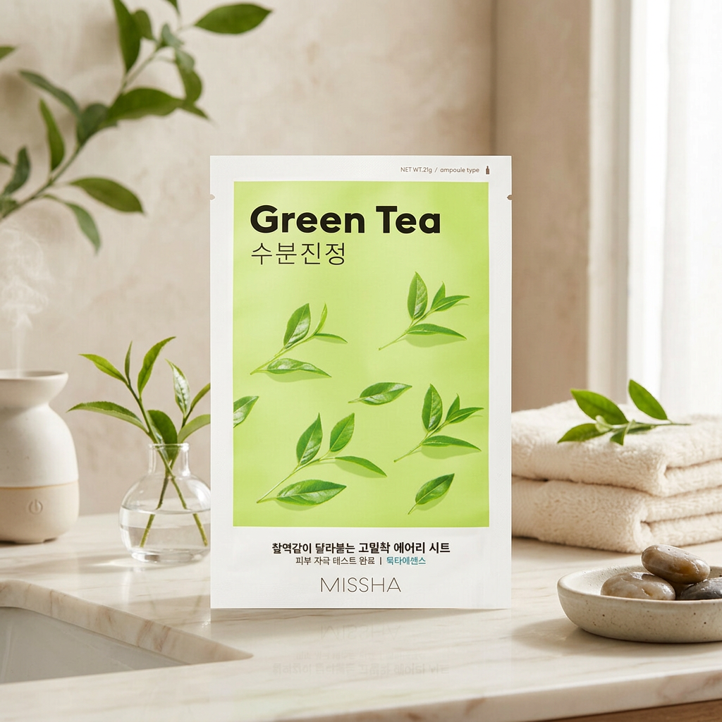 MISSHA - Airy Fit Sheet Mask Green Tea - Hydratační s zklidňující plátýnková maska se zeleným čajem - 19 g