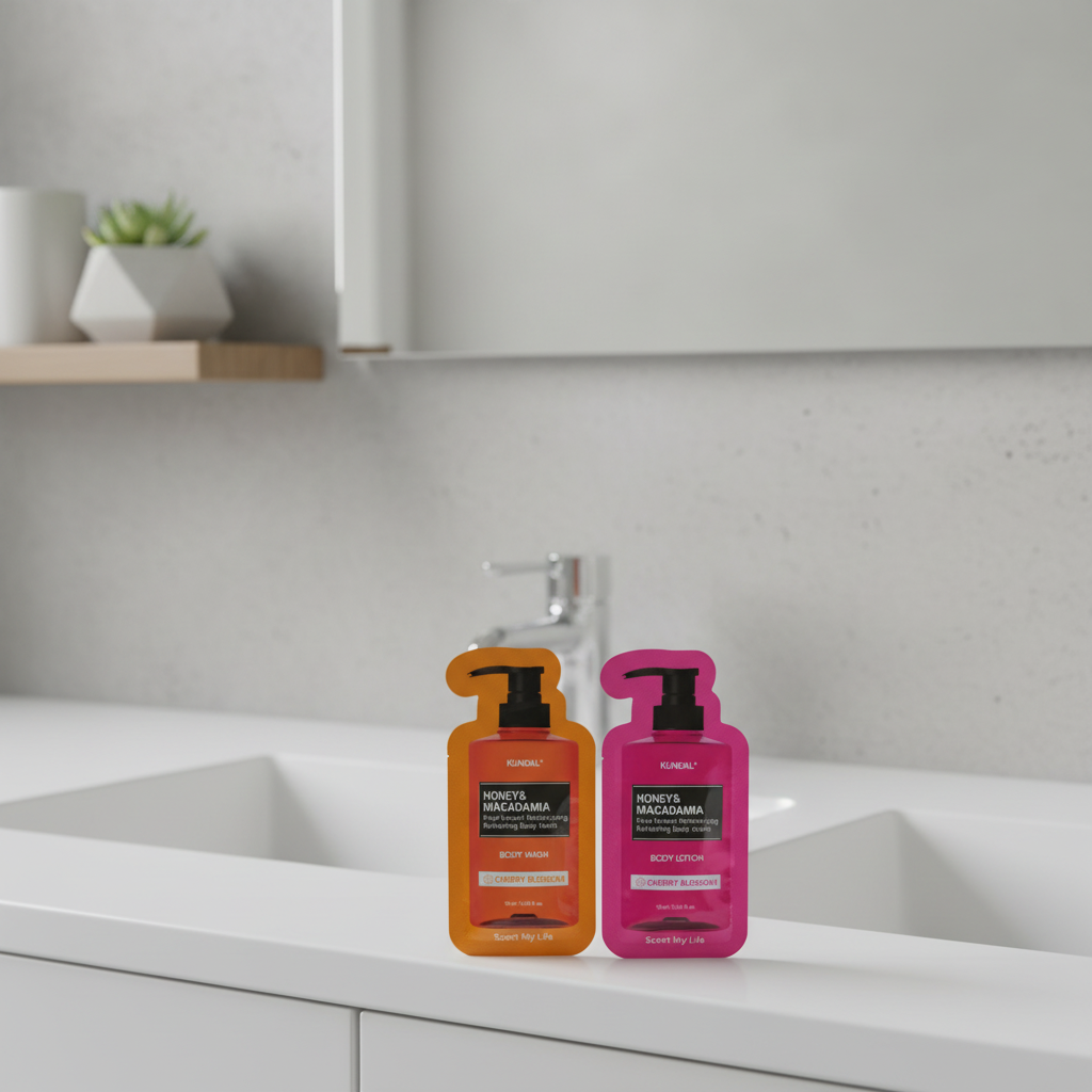 VZOREK - KUNDAL - Jemný sprchový gel s medem a Vyživující, hydratační tělové mléko s medem s vůní CHERRY BLOSSOM - 10 ml