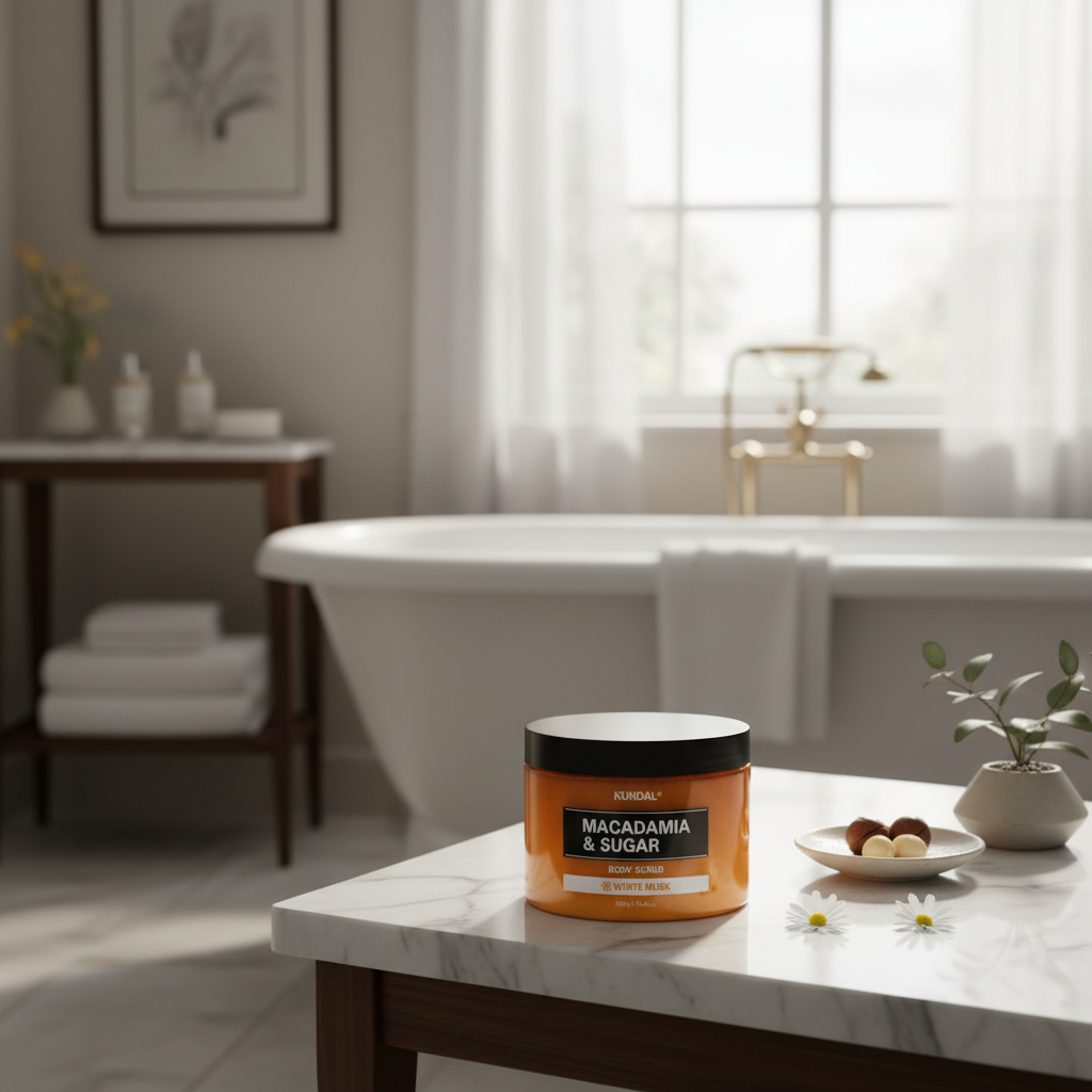 Kundal Macadamia&Sugar Body Scrub - Přírodní tělový peeling s vůní WHITE MUSK - 550 g