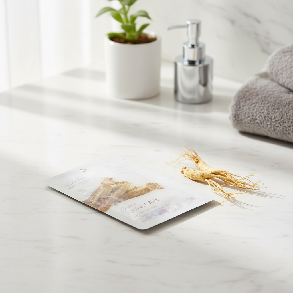 MIXSOON - Daily Mask Pack Sunday Total Care - Plátýnková maska s ženšenem a ektoinem pro obnovu a omlazení pleti - 20 ml