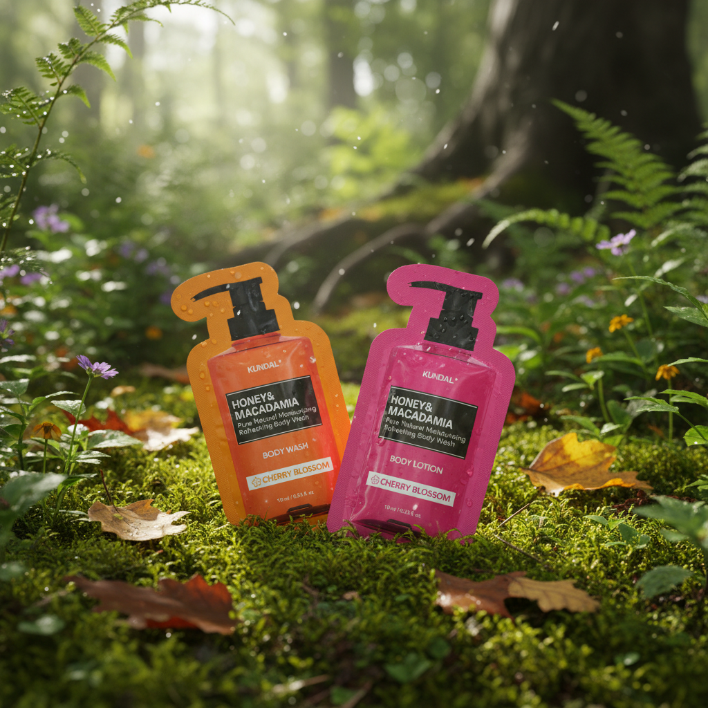 VZOREK - KUNDAL - Jemný sprchový gel s medem a Vyživující, hydratační tělové mléko s medem s vůní CHERRY BLOSSOM - 10 ml