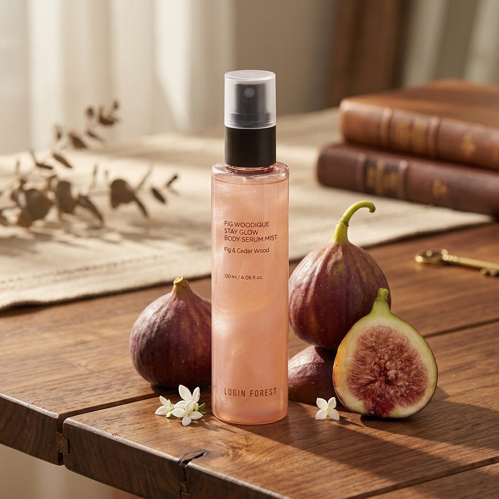 LOGIN FOREST - Fig Woodique Stay Glow Body Serum Mist - Rozjasňující tělové sérum v mlze s vůní fíkového dřeva - 120 ml