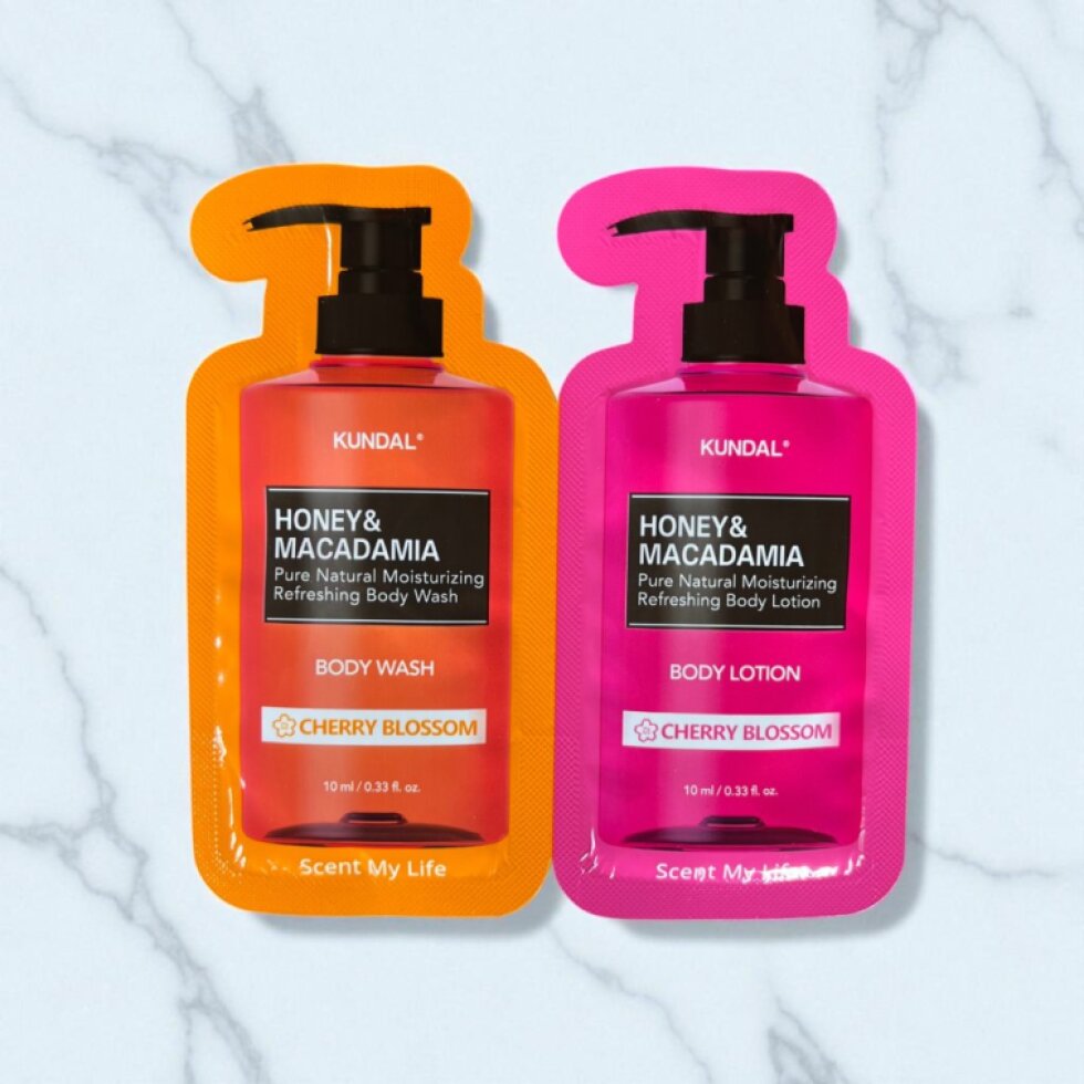 VZOREK - KUNDAL - Jemný sprchový gel s medem a Vyživující, hydratační tělové mléko s medem s vůní CHERRY BLOSSOM - 10 ml