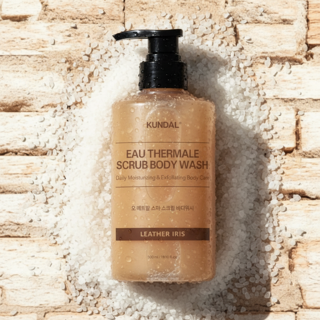 Kundal Eau Thermale Scrub Body Wash - Exfoliační sprchový gel LEATHER IRIS - 500 ml