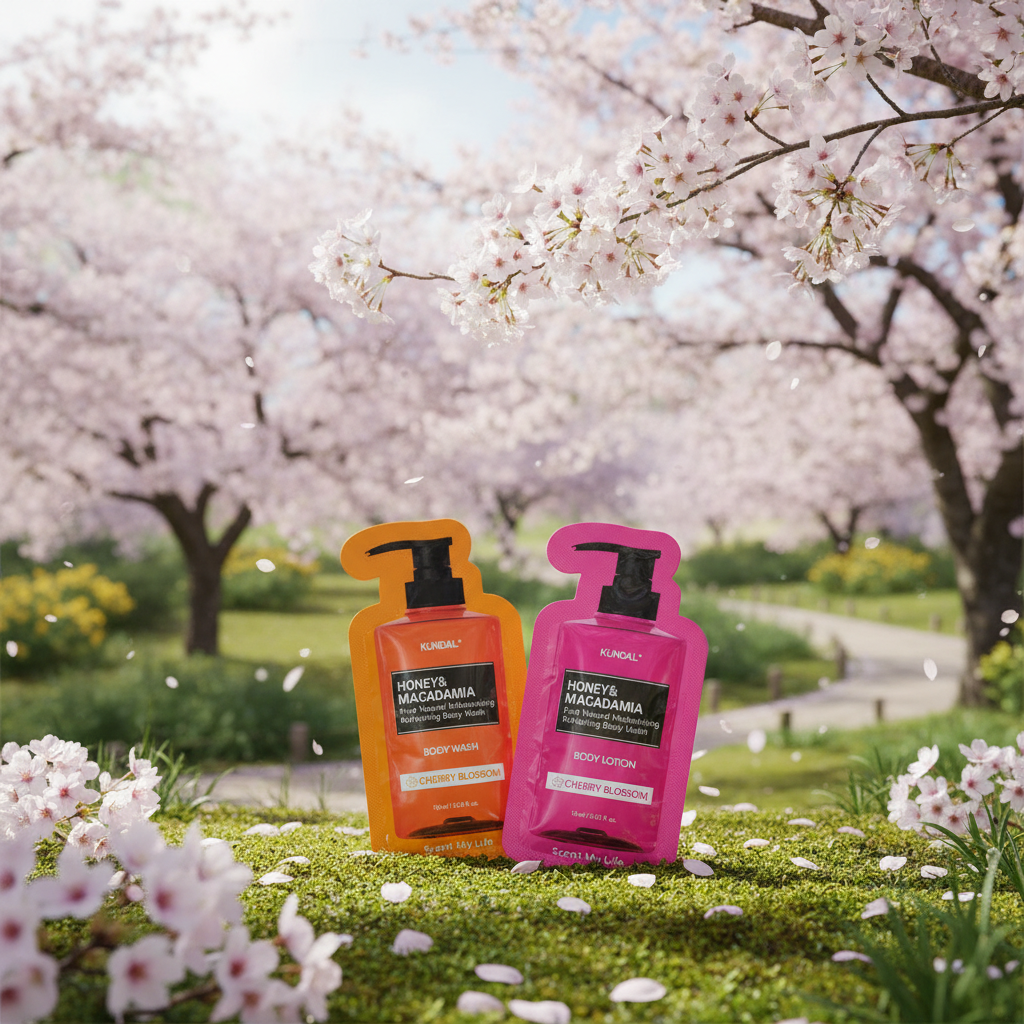 VZOREK - KUNDAL - Jemný sprchový gel s medem a Vyživující, hydratační tělové mléko s medem s vůní CHERRY BLOSSOM - 10 ml