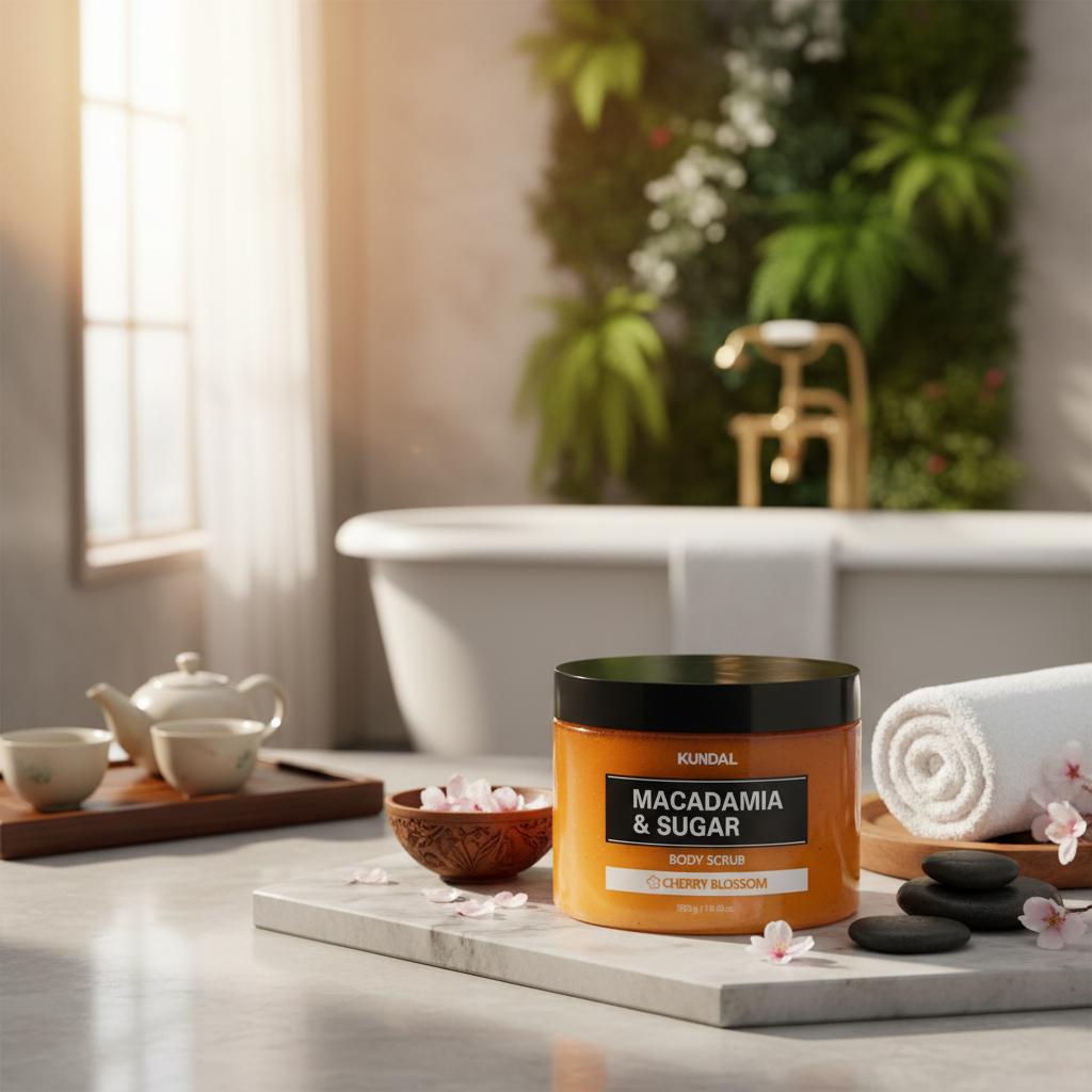Kundal Macadamia&Sugar Body Scrub - Přírodní tělový peeling s vůní CHERRY BLOSSOM - 550 g