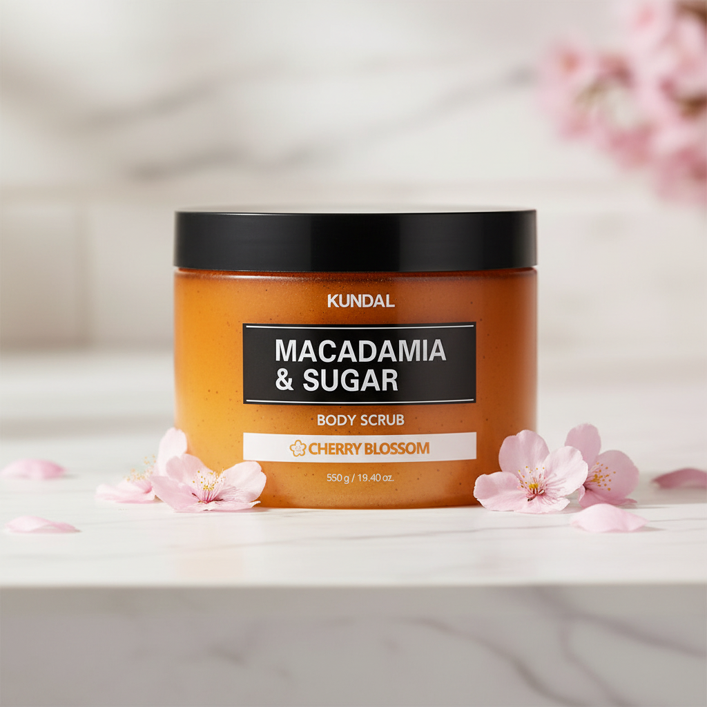 Kundal Macadamia&Sugar Body Scrub - Přírodní tělový peeling s vůní CHERRY BLOSSOM - 550 g