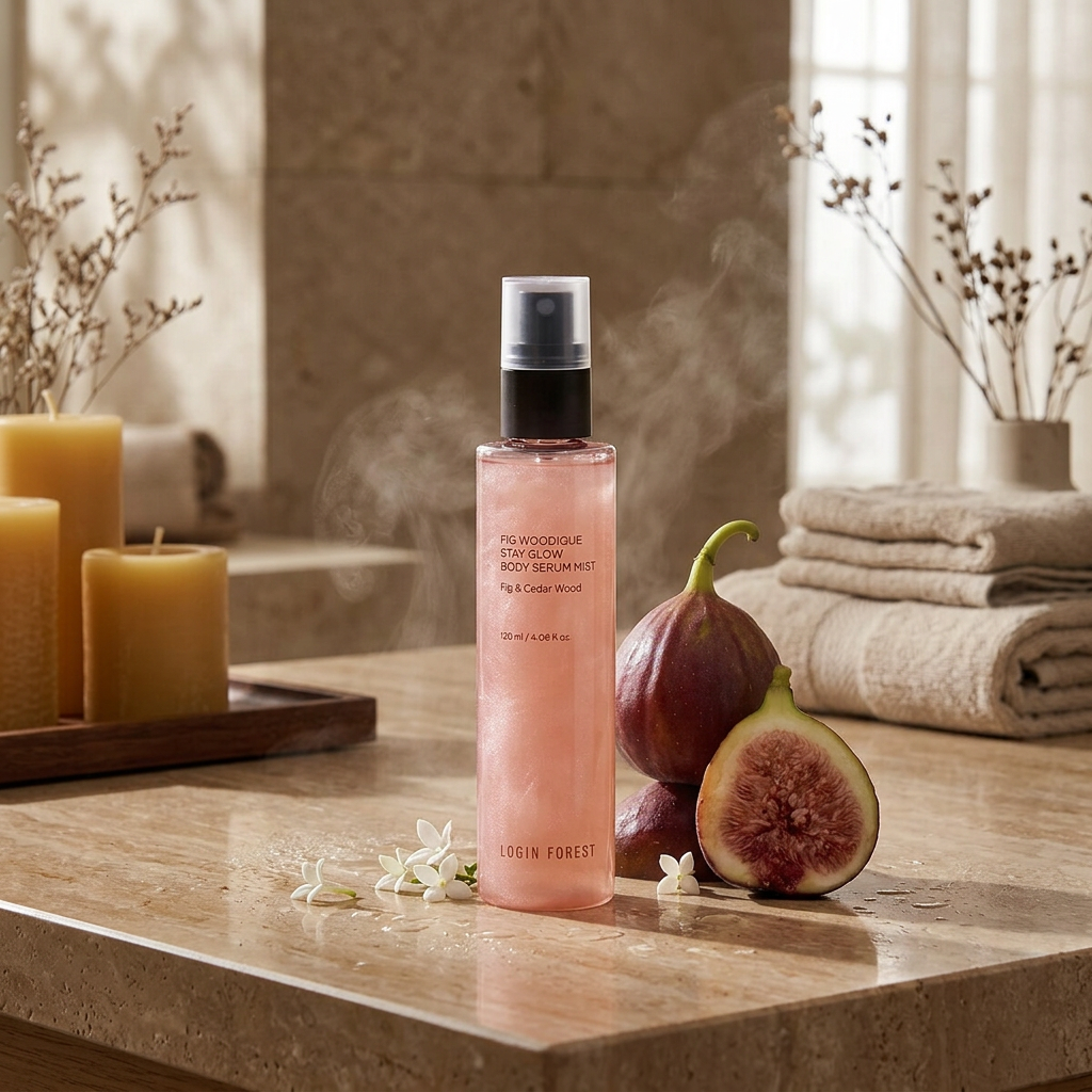 LOGIN FOREST - Fig Woodique Stay Glow Body Serum Mist - Rozjasňující tělové sérum v mlze s vůní fíkového dřeva - 120 ml