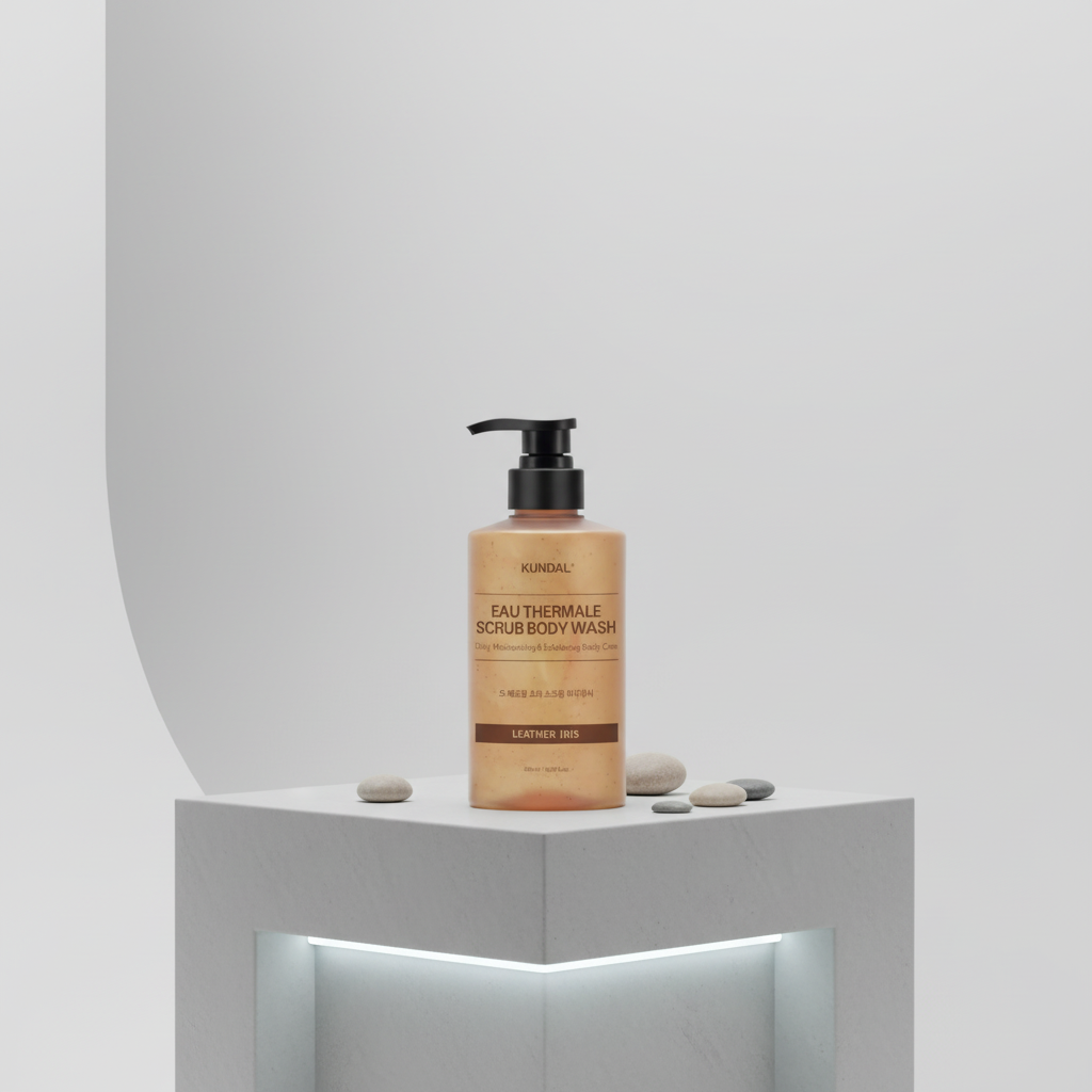 Kundal Eau Thermale Scrub Body Wash - Exfoliační sprchový gel LEATHER IRIS - 500 ml