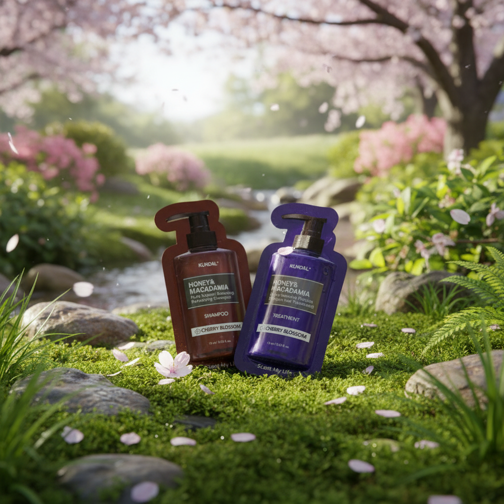 VZOREK - KUNDAL - Hydro-intenzivní proteinová kůra na vlasy a Kundal Honey&Macadamia Shampoo - Přírodní šampon na suché a poškozené vlasy s vůní CHERRY BLOSSOM - 10 ml