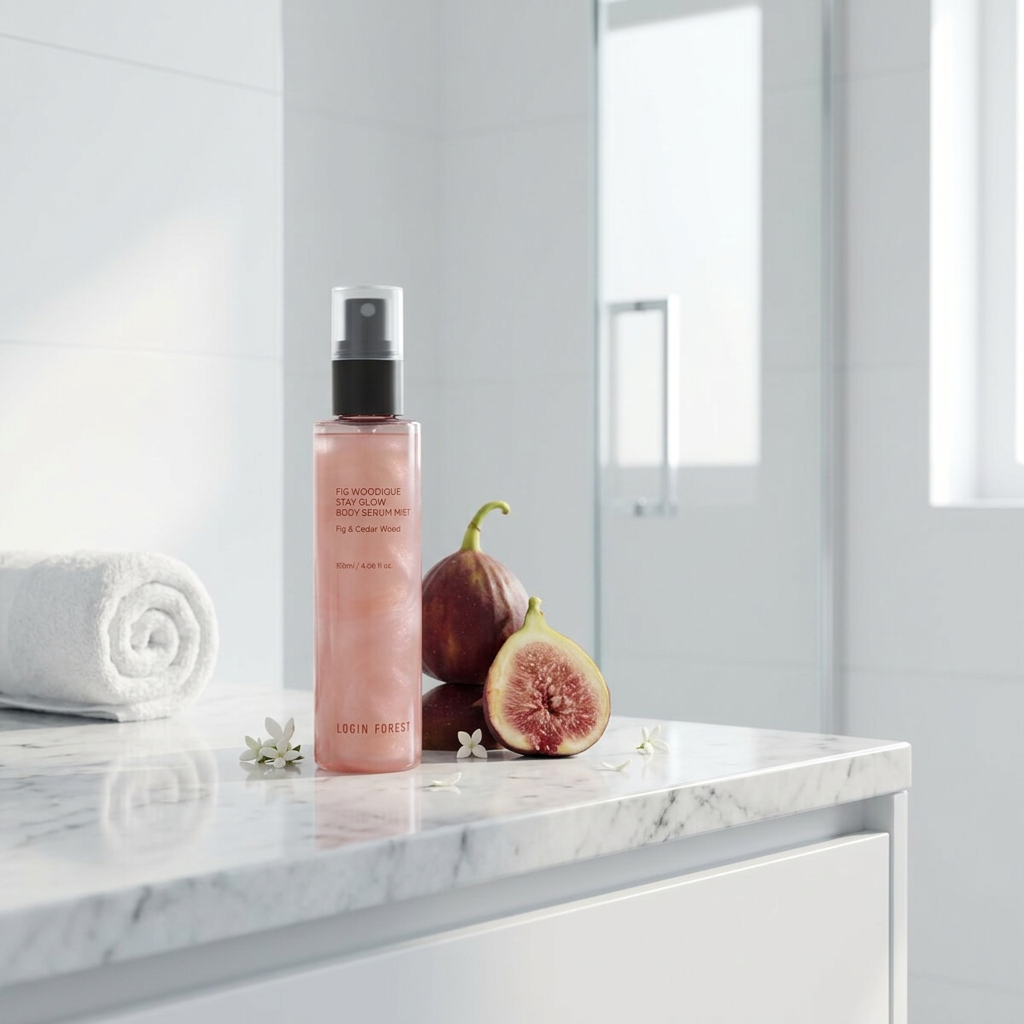 LOGIN FOREST - Fig Woodique Stay Glow Body Serum Mist - Rozjasňující tělové sérum v mlze s vůní fíkového dřeva - 120 ml