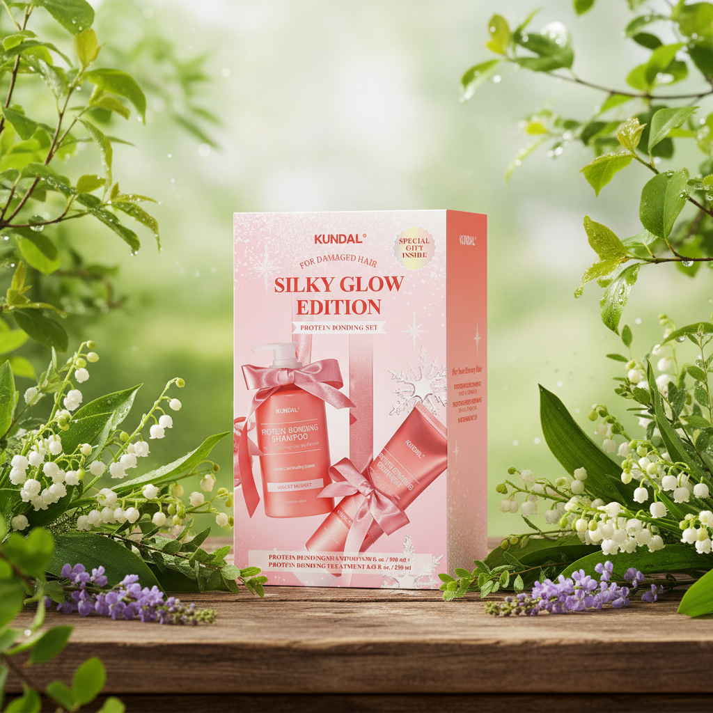 KUNDAL - Holiday Silk Glow Edition - Shampoo + Treatment + Hair Scrunchhie - Sváteční edice Silk Glow – šampon 500 ml + kondicionér 250 ml + gumička do vlasů