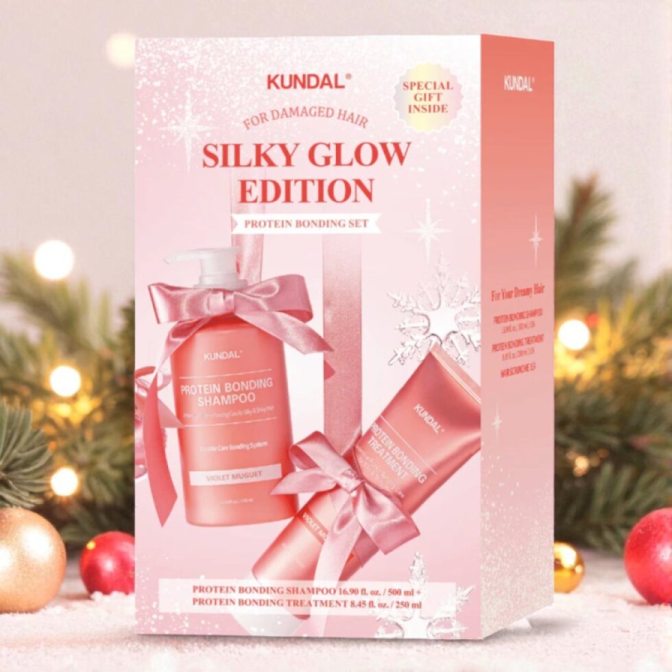 KUNDAL - Holiday Silk Glow Edition - Shampoo + Treatment + Hair Scrunchhie - Sváteční edice Silk Glow – šampon 500 ml + kondicionér 250 ml + gumička do vlasů