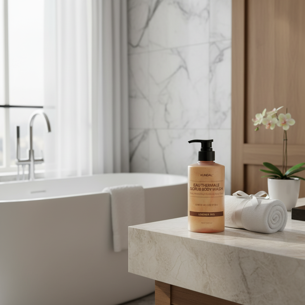 Kundal Eau Thermale Scrub Body Wash - Exfoliační sprchový gel LEATHER IRIS - 500 ml