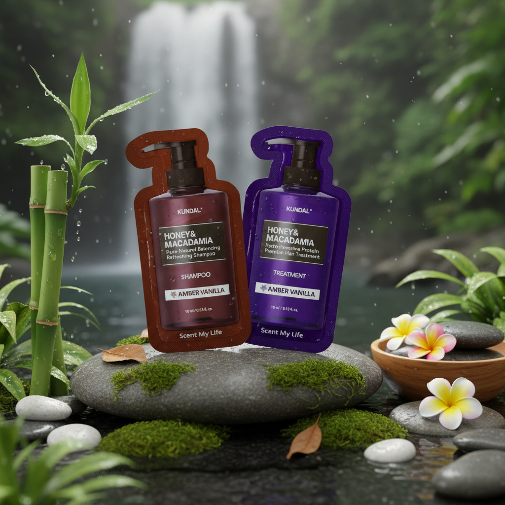 VZOREK - KUNDAL - Hydro-intenzivní proteinová kůra na vlasy a Přírodní šampon na suché a poškozené vlasy s vůní AMBER VANILLA - 10 ml