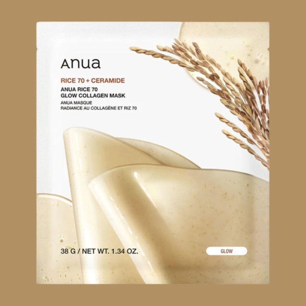 ANUA - Rice 70 Glow Collagen Mask - Rozjasňující, hydrogelová, kolagenová maska s ceramidy a rýží - 38g