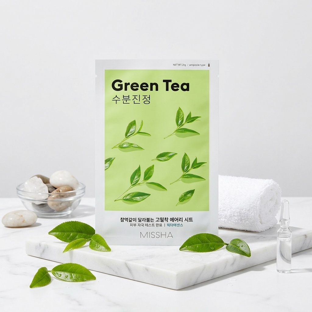 MISSHA - Airy Fit Sheet Mask Green Tea - Hydratační s zklidňující plátýnková maska se zeleným čajem - 19 g