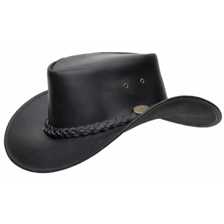 Australský kožený klobouk Ironbark – černý s pleteným páskem a šňůrkou