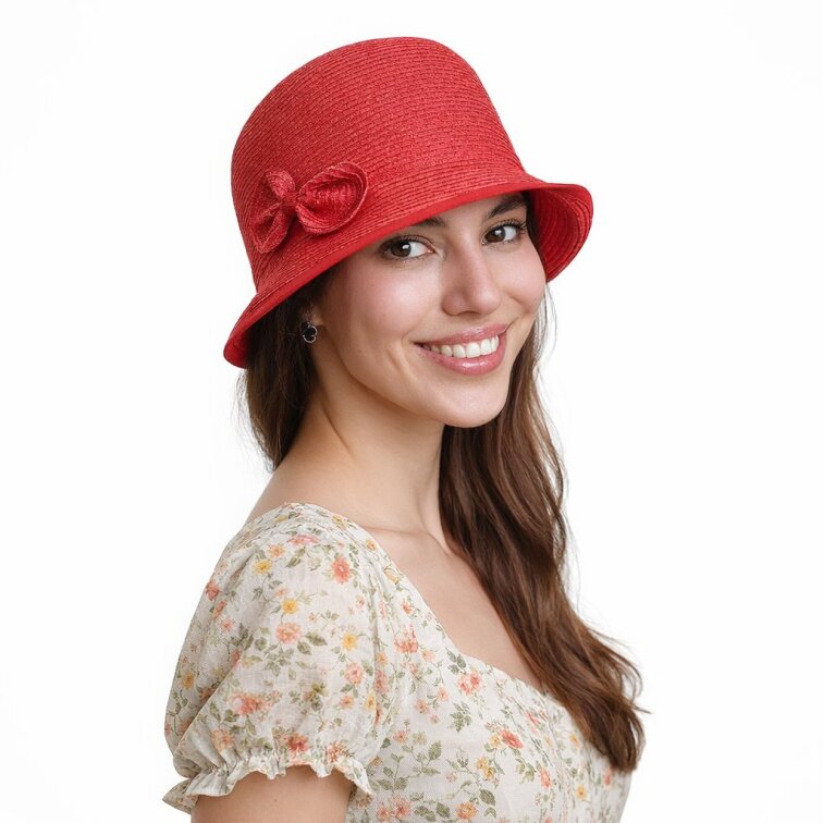 Letní dámský nemačkavý červený klobouk s mašličkou - cloche - Seeberger