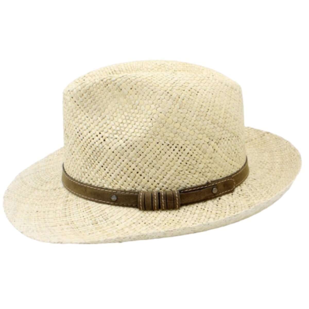 Slaměný klobouk fedora s hnědým koženým páskem