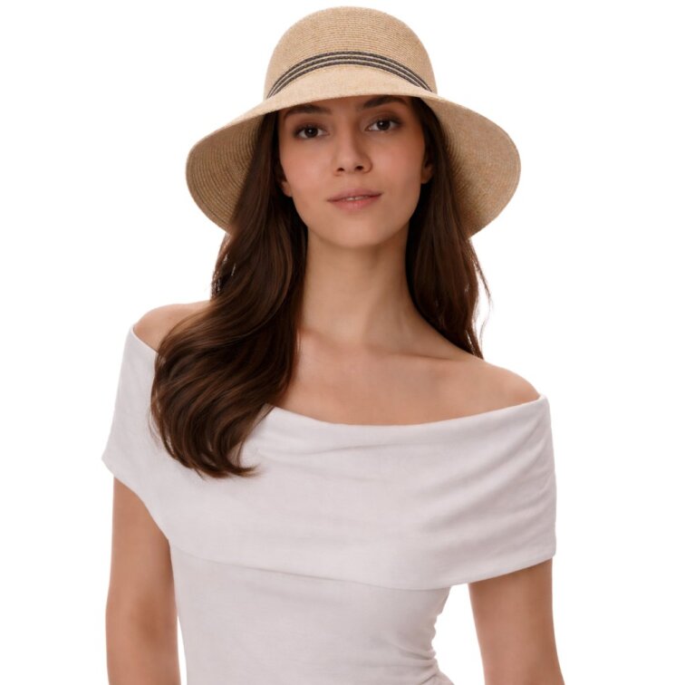 Dámský béžový letní klobouk Cloche s černou mašli