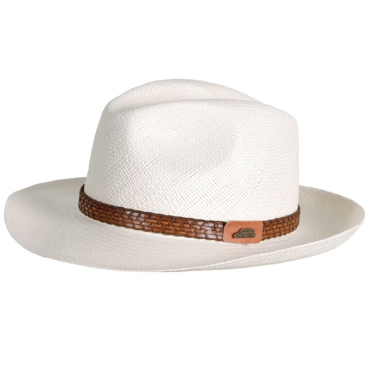 Letní bílá ekvádorská panama Fedora - ručně pletený - s koženou stuhou