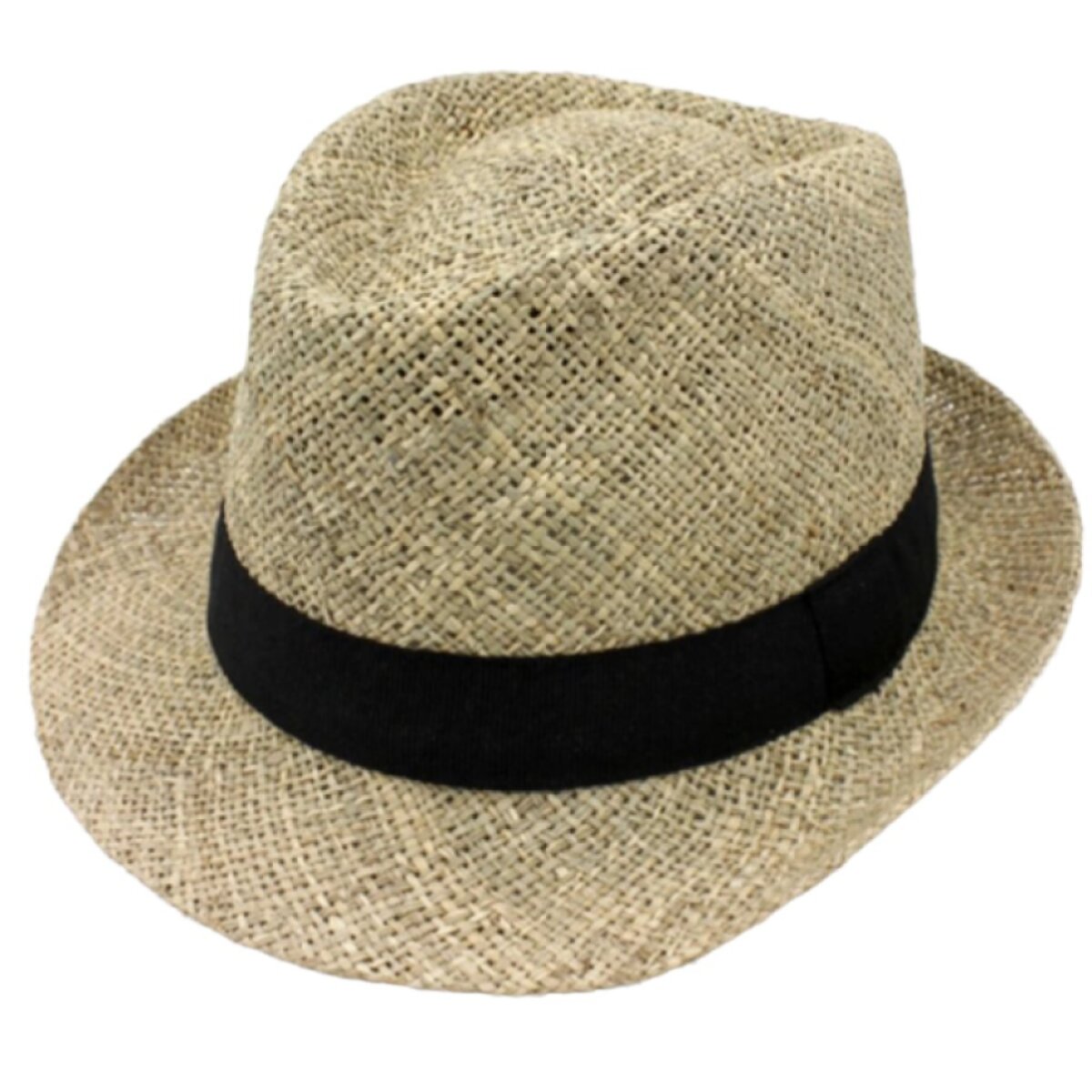 Slaměný klobouk z mořské trávy hustě pletený s černou stuhou - Trilby