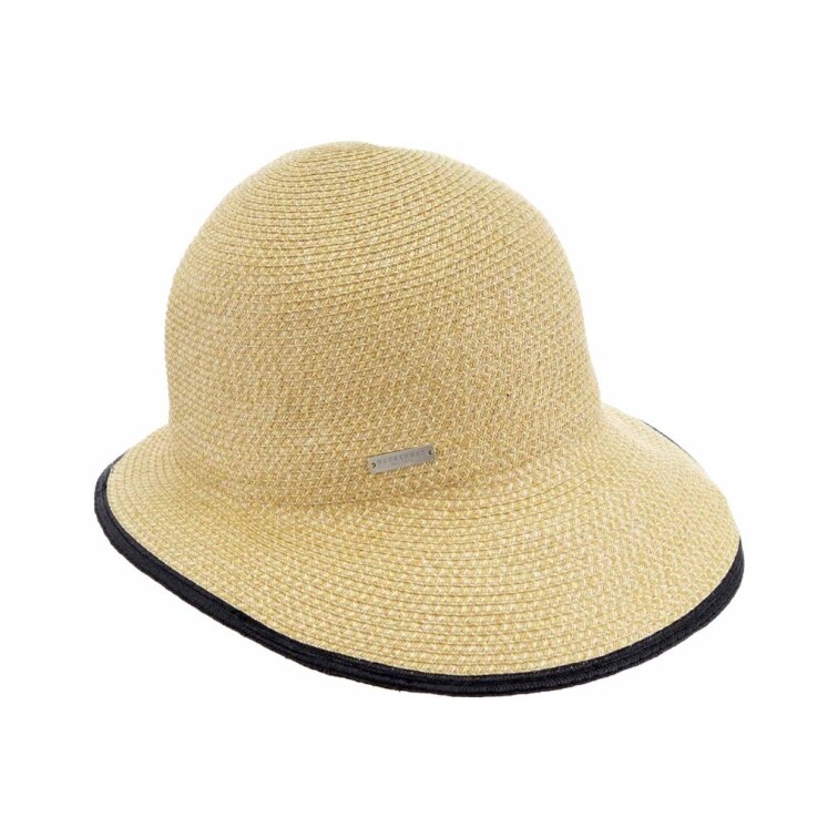 Letní dámský nemačkavý béžový klobouk - cloche se zkrácenou krempou vzadu - UV faktor 80