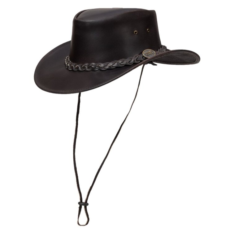 Australský kožený klobouk Ironbark – hnědý s pleteným páskem a šňůrkou
