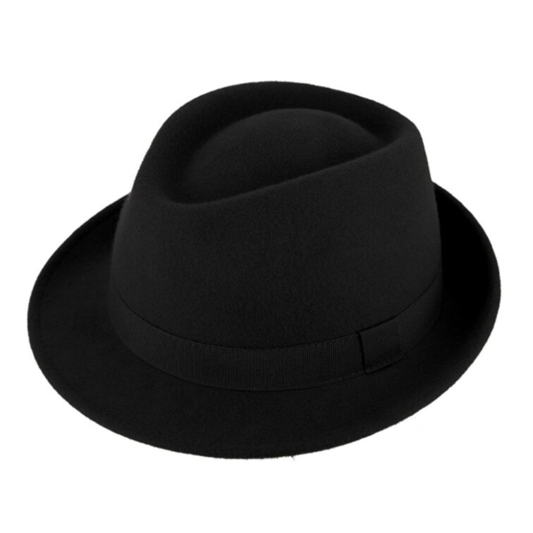 Klasický trilby klobouk vlněný s malou krempou - černý s černou stuhou