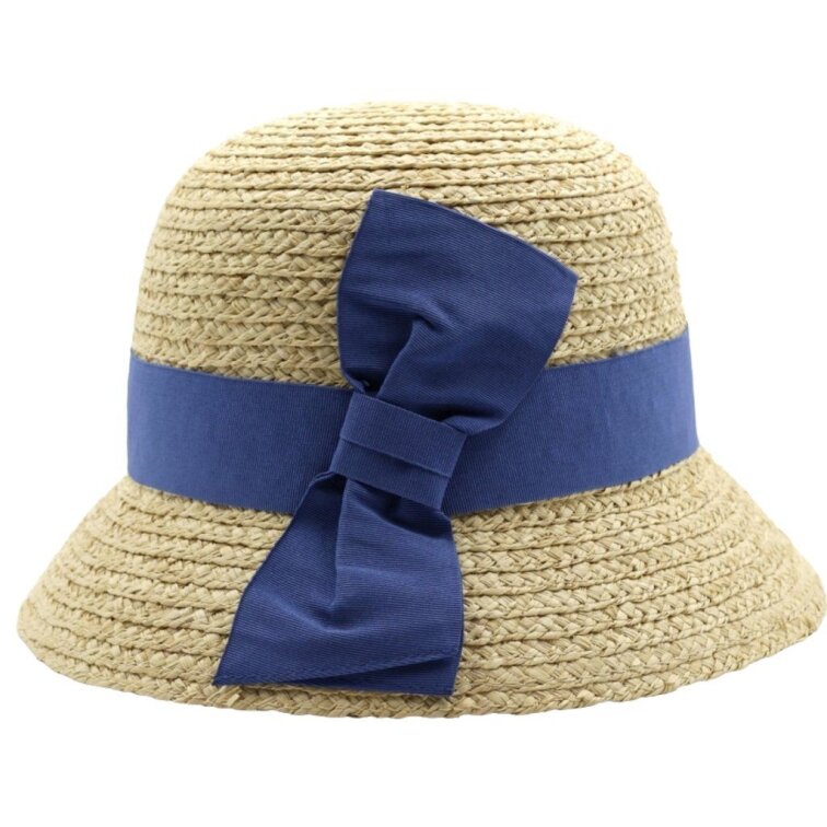 Dámský slaměný klobouk Cloche s modrou mašlí