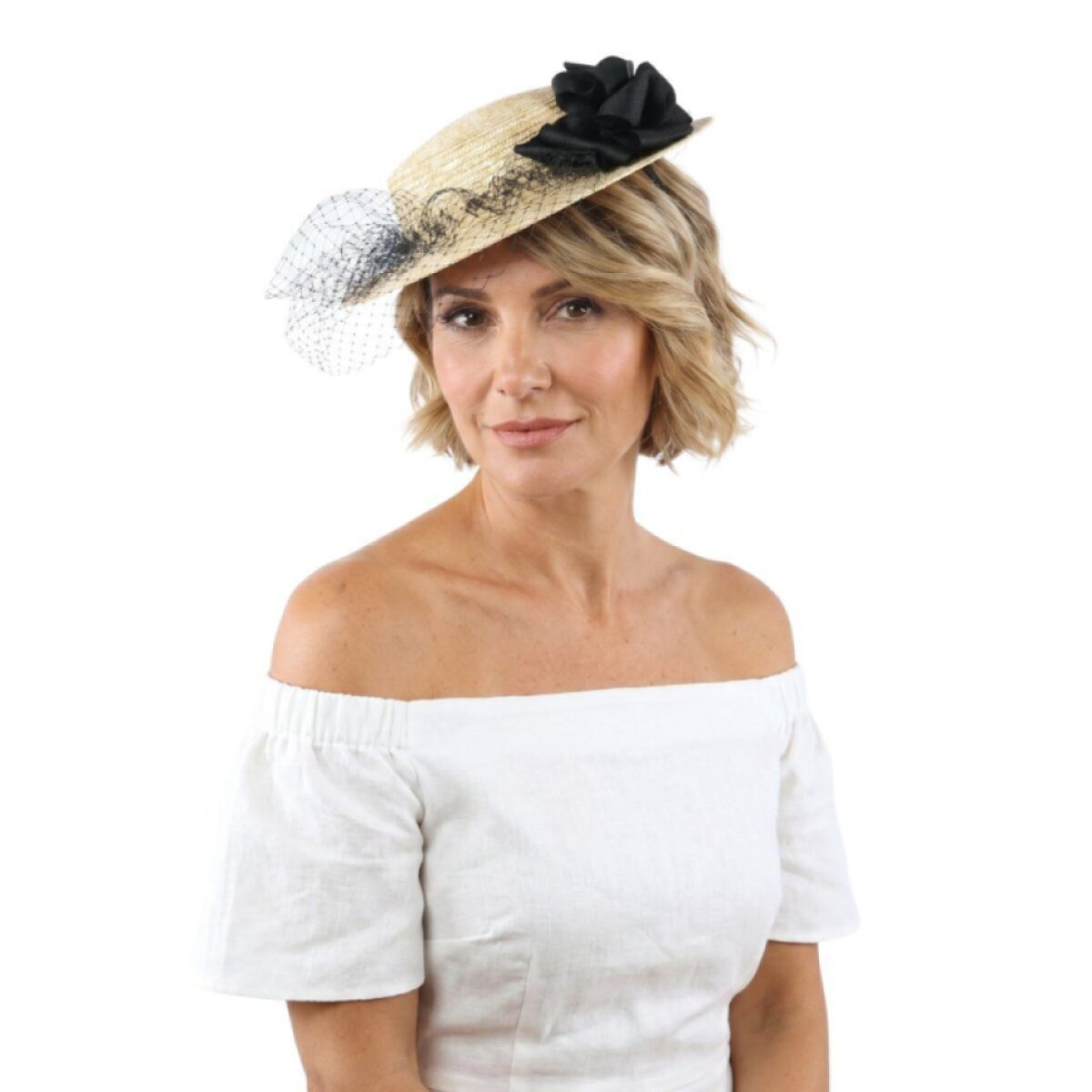 Dámský slavnostní fascinator ze slámy s černým závojem – Complit