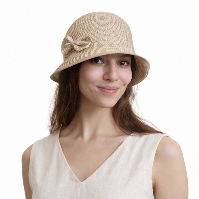 Letní dámský nemačkavý béžový klobouk s mašličkou - cloche - Seeberger