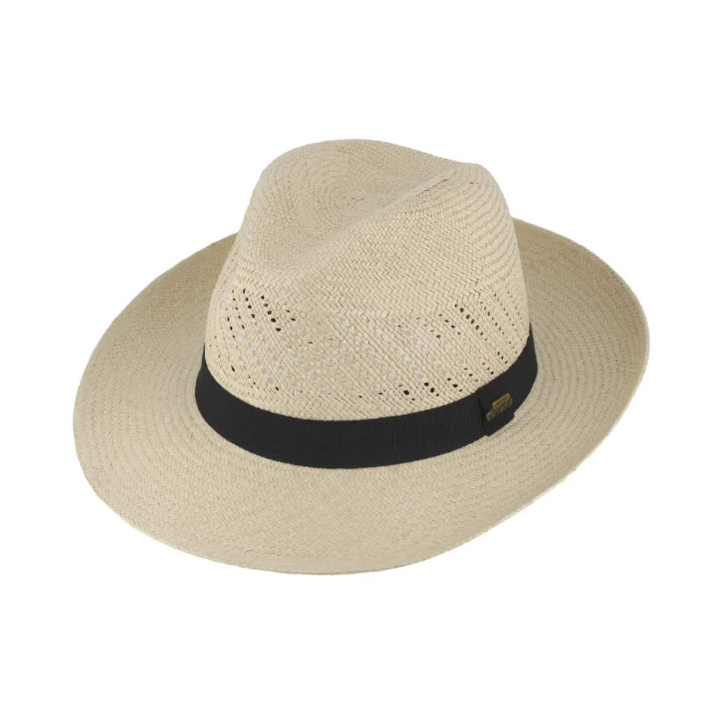 Letní panamký klobouk Fedora - ručně pletený - Natur s černou stuhou