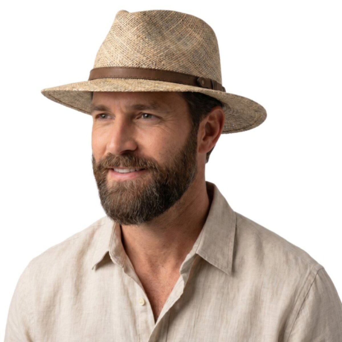 Pánský slaměný klobouk z mořské trávy s koženou hnědou stuhou - Fedora