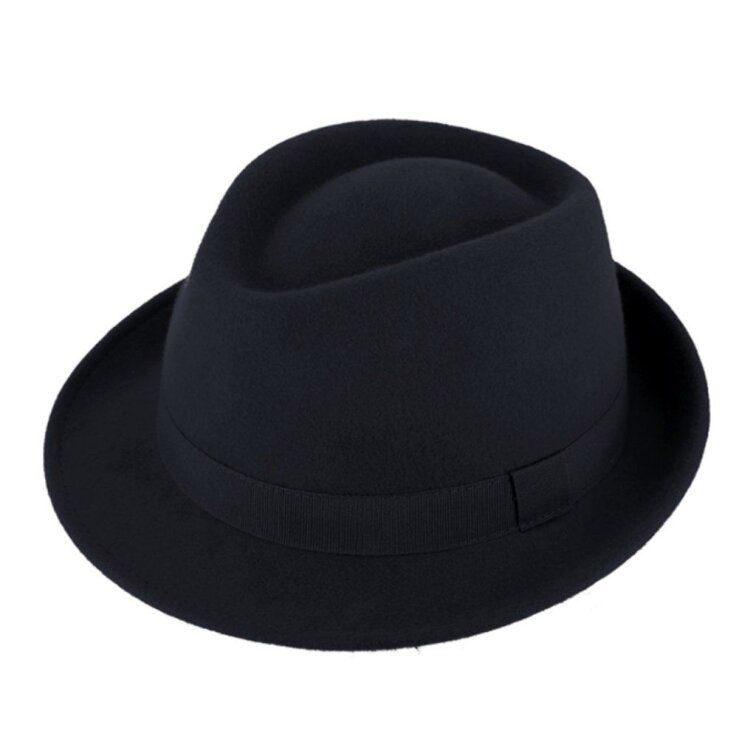 Klasický trilby klobouk vlněný s malou krempou - tmavě modrý s modrou stuhou