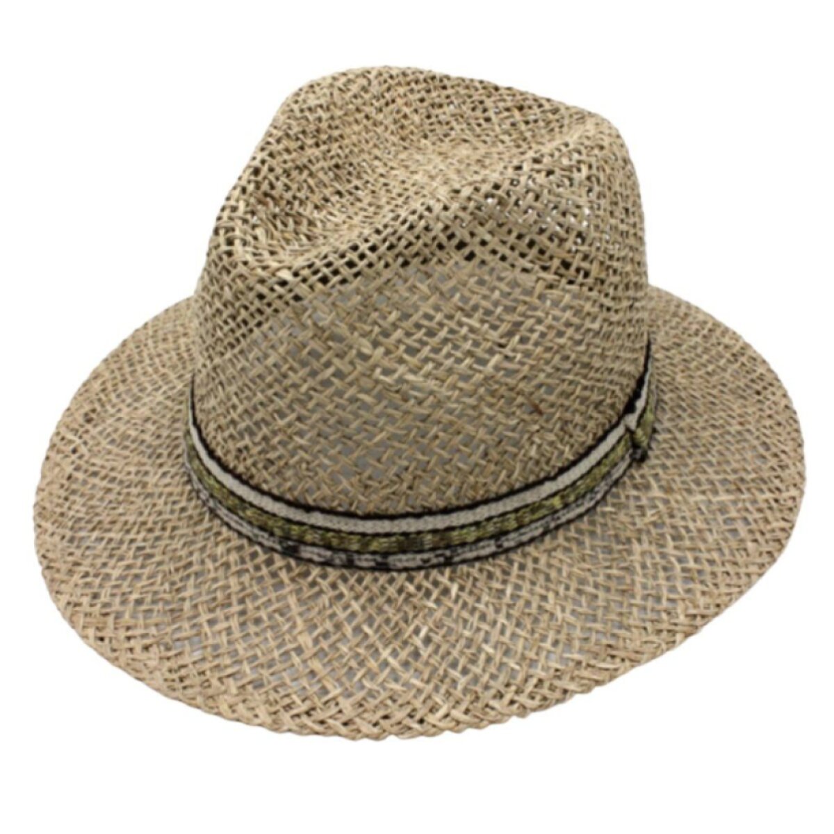 Slaměný fedora klobouk z mořské trávy s pruhovanou stuhou
