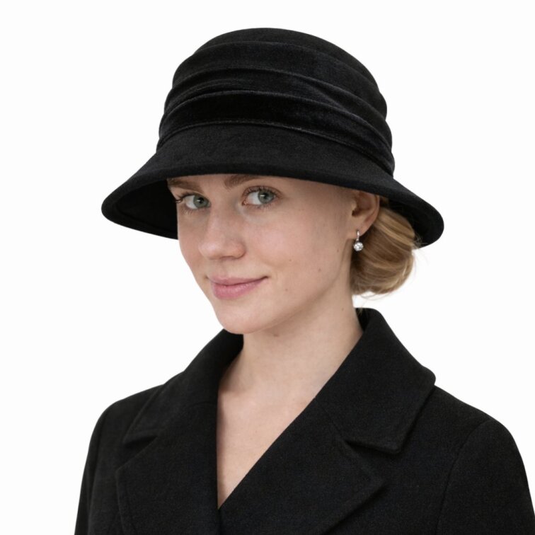 Dámský vlněný klobouk cloche se sametovou stuhou